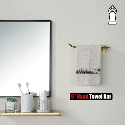 JQK Gold Hand Towel Bar, Stainless Steel Towel Ring for Bathroom, 9 Inch Necklace Holder Brushed Golden Wall Mount Left Hand, TR101-BG