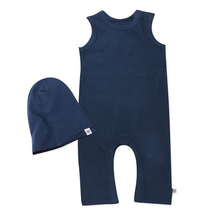 HonestBaby Conjunto de enterizo y gorro acanalado sin mangas de algodón orgánico para bebés niños y niñas, azul marino, 6-9 meses, azul marino (paquete de 2), 6-9 meses