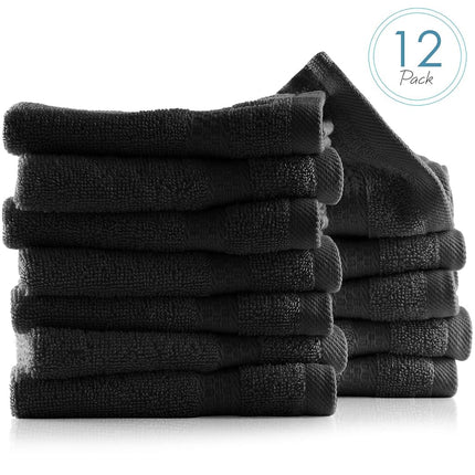 Hearth & Harbor 100% Ring Spun Cotton Washcloths 12 Pack - Washcloth for body and face, High Absorbent and Soft 33x33 cm Body Wash Cloth, Quick Dry - Black Washcloths