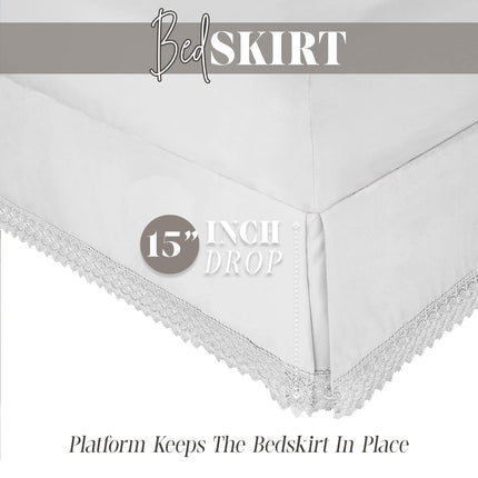 Elegant Comfort Narina Collection Lace Bed Skirt 15inch Drop, 1500 Premium Hotel Quality, Sophisticated Design for a Vintage Look- Easy Care and Wrinkle Resistant, Lace Bedskirt, Full, White