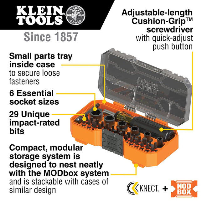 Klein Tools 33805 Proflex 38-Piece Impact Driver Bit Set with Modular Case, S2 Steel, Magnetic, Adjustable Screwdriver, 29 Bits, 6 Socket Sizes
