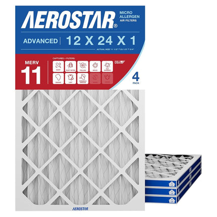 Aerostar 12x24x1 MERV 11 Pleated Air Filter, AC Furnace Air Filter, 4 Pack (Actual Size: 11 3/4"x23 3/4"x3/4")
