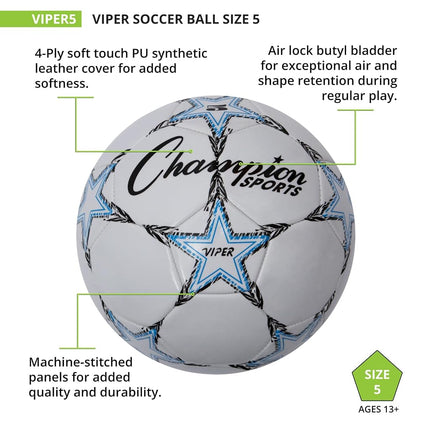 Champion Sports VIPER5 Viper Soccer Ball, Size 5, White (CSIVIPER5)