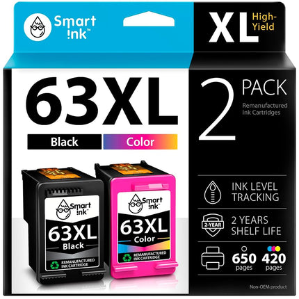 Cartouche d'encre reconditionnée Smart Ink de remplacement pour HP 63XL 63 XL (pack de 2, noir et couleur) compatible avec Deskjet 1110 1112 2130 3630 3632 Envy 4510 4516 4520 4522 4525 Officejet 3830 4650 4655 5220