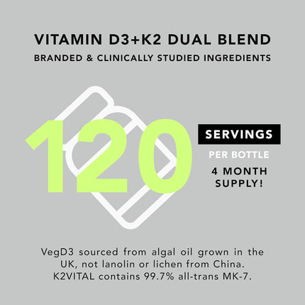 Premium Vegan D3 K2. 5000 iu Vitamin D from Algae. 100mcg All-Trans MK7 Vit K. 120 Plant-Based Carrageenan Free Softgels. Blended with Organic Coconut Oil. NO Lanolin, Gelatin, Lichen, or Soy. Non-GMO