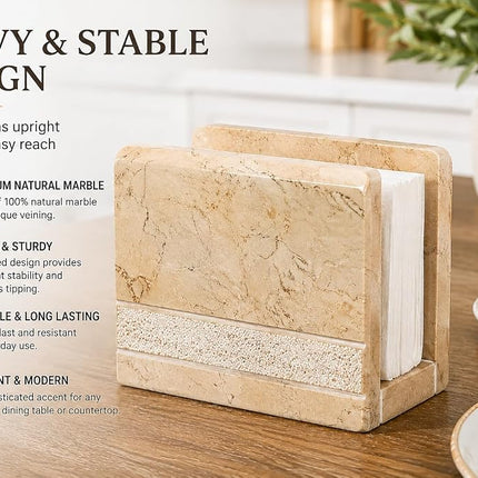 Creative Home Natural Champagne Marble Hand Carved Collection Tabletop Napkin Holder Stand Tissue Paper Dispenser Decorative Kitchen Countertop Dining Table Organizer, 3" x 5.8" x 4.5" H, Beige