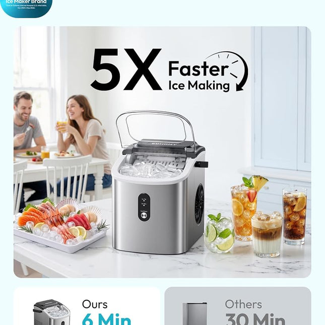 EUHOMY Countertop Ice Maker Machine with Handle, 26.3lbs Per Day, 9 Cubes in 6 Mins, Auto-Cleaning Portable Ice Maker with Basket and Scoop, for Home/Kitchen/Camping/RV (Silver)