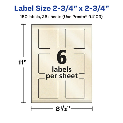 Avery Pearlized Ivory Square Labels with Sure Feed Technology, Print-to-The-Edge, 2.75" x 2.75", 150 Pearlized Ivory Labels, Laser/Inkjet Printable Labels