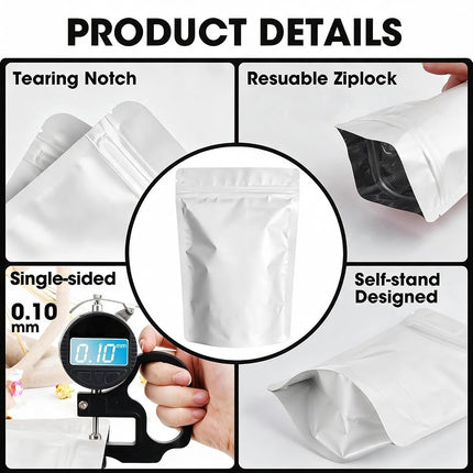 120pcs 7.1"x10.2" Mylar Bags for Food Storage,Smell Proof Bag Resealable Food Storage Bags for Small Business, Treat Snack Stand-up Foil Pouch Packaging Freeze Dried Candy Bag（White）