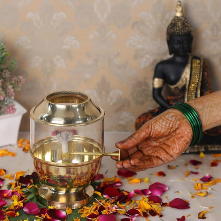 4OUR Faith Brass Akhand Jyot Diya with Glass Cover & Adjustable Wick