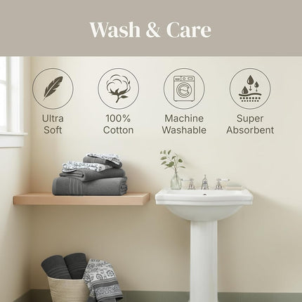 Modern Threads 6 Piece Set, 2 Bath Towels, 2 Hand Towels, 2 Washcloths Yarn Dyed Jacquard/Solid Towel Set Ophelia Stone