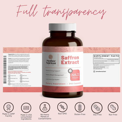 Saffron Supplement with 8825 mg of Saffron Extract, Crocus Sativus. 180 Capsules. Powerful Antioxidant Provides Mood Boost, Heart and Eye Health Support.