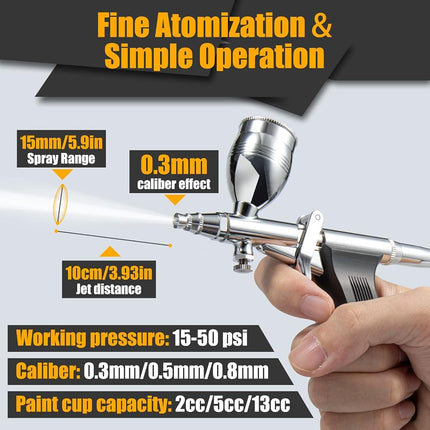 Airbrush Kit, Air Brush Painting Set, Double Action Trigger Airbrush Gun with 0.3mm/0.5mm/0.8mm Needles, 2cc/5cc/13cc Paint Cup, Airbrush Spray Tool Set for Painting Nails Cake Tattoo Makeup
