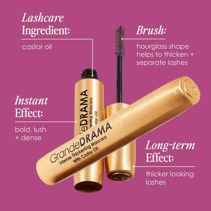 Grande Cosmetics GrandeDRAMA Intense Thickening Mascara with Castor Oil, Volumizing, Conditioning, Buildable Formula