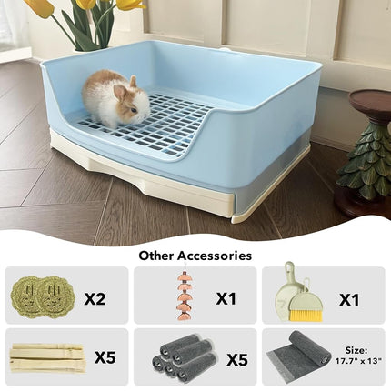 RUBYHOME Oversize Rabbit Litter Box with Drawer, Corner Toilet Box with Grate Potty Trainer, Bigger Pet Pan for Adult Guinea Pigs, Chinchilla, Ferret, Galesaur, Small Animals, 16.9 inch Long (Blue)