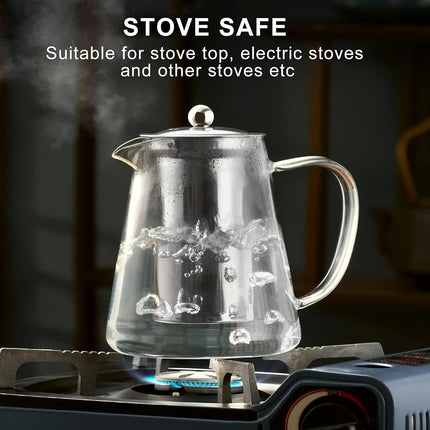 PARACITY Glass Teapot Stovetop 44 OZ, Borosilicate Clear Tea Kettle with Removable 18/8 Stainless Steel Infuser, Teapot Blooming and Loose Leaf Tea Maker Tea Brewer for Camping, Travel (1300ml)