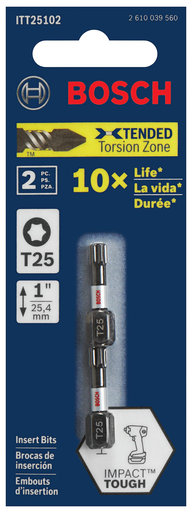 BOSCH ITT25102 Juego de 2 puntas de atornillar Torx #25 de 1 pulg. Impact Tough