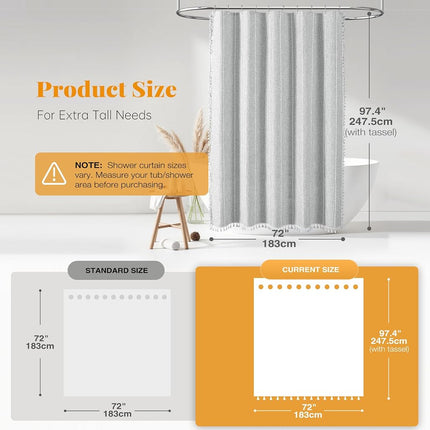 BTTN 72x96 Extra Long Boho Linen Heavy Duty Shower Curtain Set, Grey/Gray