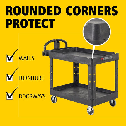 Rubbermaid Commercial Products 2-Shelf Utility/Service Cart, Medium, Lipped Shelves, Ergonomic Handle, 500 Lbs Capacity, for Warehouse/Garage/Cleaning/Manufacturing (FG452088BlA)