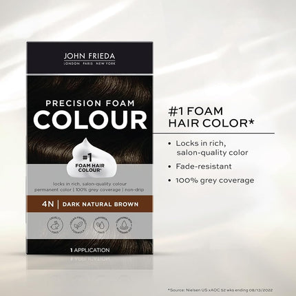 John Frieda Precision Foam Color, Dark Natural Brown 4N, Full-coverage Hair Color Kit, with Thick Foam for Deep Color Saturation
