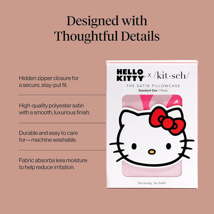 Kitsch x Hello Kitty (Pink Kitty Faces) - Satin Pillowcase with Zipper for Hair and Skin, Softer Than Silk, Smooth Cooling Pillow Covers, Machine Washable, King Size (19x36)
