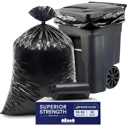 Plasticplace 95-96 Gallon Rubbish Bin Liners Heavy Duty Black Bin Bags Tear-Resistant Outdoor Rubbish Bags for Rollaway Bins Large 61" x 68" Industrial-Strength Waste Bags (25 Count) 1.5 Mil
