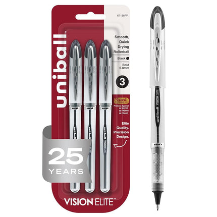 Bolígrafos roller Uniball Vision Elite Bold; Tinta negra; Paquete de 3; Bolígrafos de escritura suave de punta fina; Material de oficina