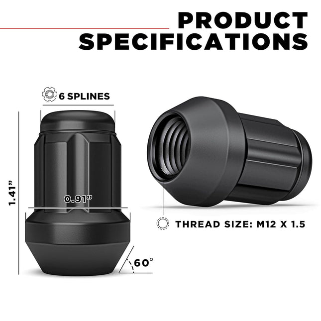White Knight M12x1.5 Thread Lug Nuts for Aftermarket or Factory Wheels - 4 Matte Black Lug Nuts and Key - Bulge Acorn Seating - Carbon Steel for Durable Construction & Easy Installation - 40700SMBT