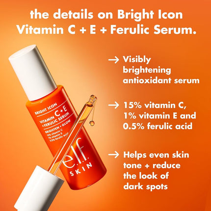 e.l.f. SKIN Bright Icon Vitamin C + E + Ferulic Serum, Brightening & Soothing Face Serum, Helps Even Skin Tone, Vegan & Cruelty-Free, 1 fl oz
