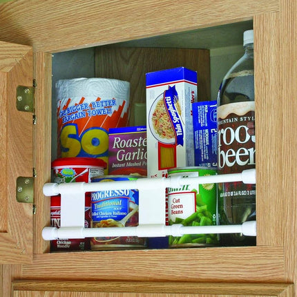 Camco 17" RV Double Cupboard Bar, Holds Food and Drinks in Place During Travel, Prevents Messy Spills, Spring Loaded and Extends Between 10" and 17" - White ( 44093)