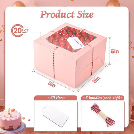 DOYIDE 20Pcs 8 Inch Cake Boxes with Window, 8x8x5 Inches Pink Bakery Boxes, Cake Carrier Container for Pastries, Pie, Cookies, Chocolates, Cupcakes, Birthday Party, Wedding