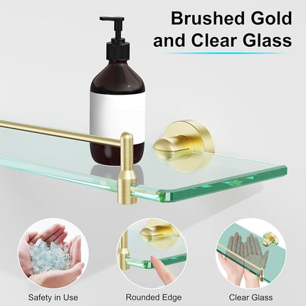 KOCOK 20 Inches Glass Shelves for Bathroom, Brushed Gold Floating Glass Shelf Stainless Steel Tempered Glass Bathroom Shelves for Wall Mount Modern