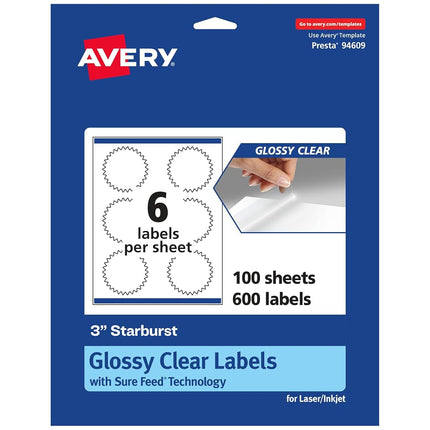 Avery Glossy Clear Starburst Labels with Sure Feed, 3", 600 Glossy Clear Labels, Print-to-The-Edge, Laser/Inkjet Printable Labels