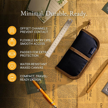 LOCHBY Quattro | Slim & Elegant Pencil Case | Durable Waxed Canvas Lightly Padded for Fountain Pen & Mechanical Pencil | Compact Design Holds 4 Pens | for Everyday Use, Travel & Creative Artists
