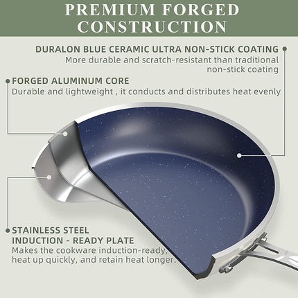Nuwave 9pc Cookware Set Healthy Duralon Blue Ceramic Nonstick Coated, Diamond Infused Scratch-Resistant, PFAS Free, Oven Safe, Induction Ready & Evenly Heats, Tempered Glass Lids & Stay-Cool Handle