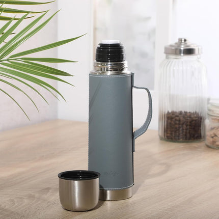 Mr. Coffee Leatherette 23 oz Stainless Steel Thermal Bottle � Double Wall Insulated Flask with Faux Leather Sleeve & Carry Handle, Blue � Leak-Proof Hot & Cold Drink Travel Mug