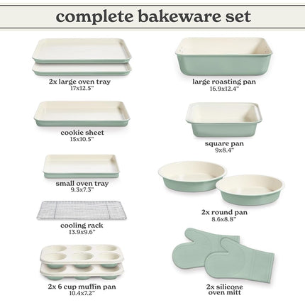 Country Kitchen Nonstick Stackable Bakeware Set - Deluxe Heavy Duty, Durable, Easy Release Baking Set, Sage, 13 Pcs with Handles