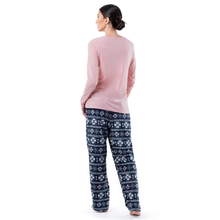 Fruit of the Loom Women's Sueded Jersey Crew Top and Fleece Pant Sleep Pyjama Set, Soft pink/fairisle, S