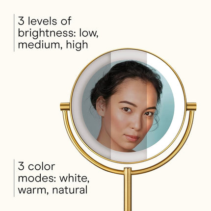 Conair Lighted Makeup Mirror, Double-Sided LED Vanity Mirror with 1X/10X Magnification, 3 Light Settings, 3 Modes, 360� Rotation, Brushed Brass Finish