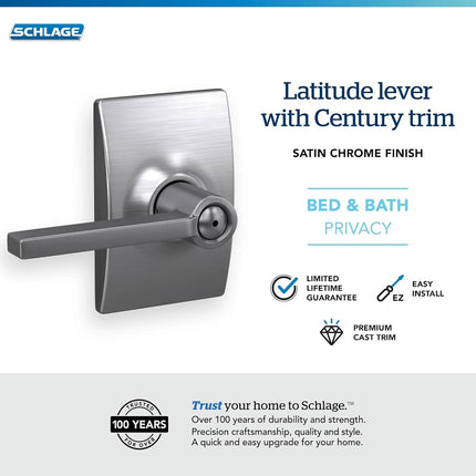 Schlage F40 LAT 626 CEN Century Collection Latitude Privacy Lever, Satin Chrome