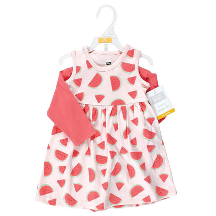 Hudson Baby Baby Girls' Cotton Dress and Cardigan Set, Coral Watermelon, 5T