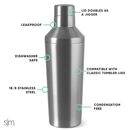 Simple Modern Insulated Cocktail Shaker, Jigger Lid | 20oz, Stainless Steel