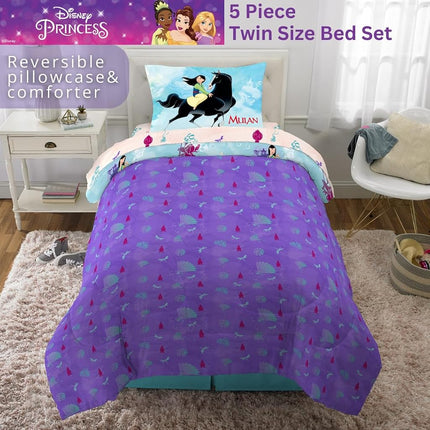 Juego de edredón y sábanas de microfibra supersuave de 4 piezas tamaño twin de Franco Disney Princess Mulan para niños (producto con licencia oficial)