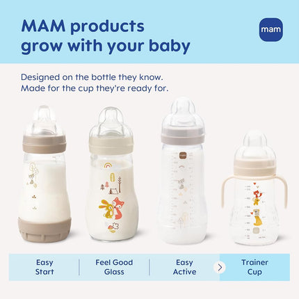 MAM Plastic Trainer Cup (1 Count), 8 oz. Trainer Drinking Cup with Extra-Soft Spout, Spill-Free Nipple, and Non-Slip Handles, for Girls 4+ Months, Designs May Vary