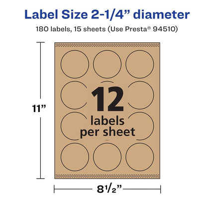 Avery Kraft Brown Round Labels with Sure Feed, 2.25" Diameter, 180 Kraft Brown Labels, Print-to-The-Edge, Laser/Inkjet Printable Labels