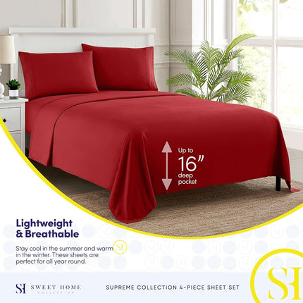 Juego de sábanas California King - Sábanas de lujo transpirables con elástico completo y correas seguras para las esquinas integradas - Colección Supreme 1800, juego de cama de bolsillo profundo para cama Cal King, juego de sábanas, California King, Rojo