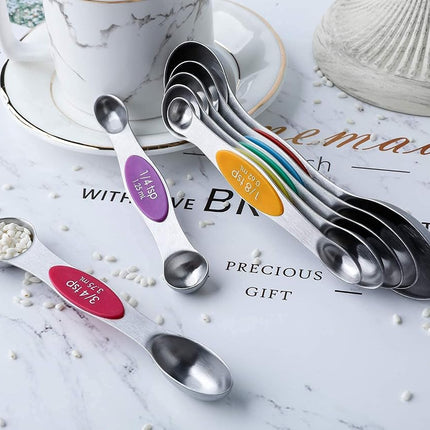 Magnetic Measuring Spoons Stainless Stee with Leveler Double Sided Teaspoons for Measurements Dry and Liquid Ingredients Set of 8 Measuring Spoons of 7