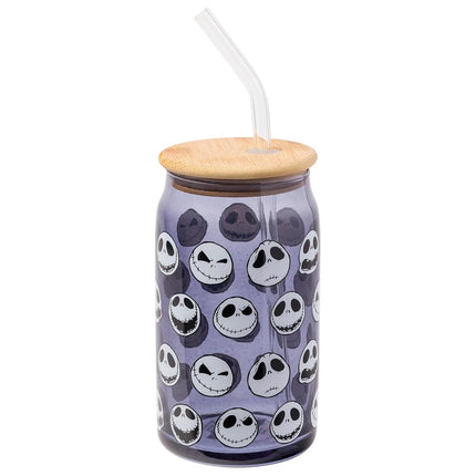 Silver Buffalo Disney Tim Burton Nightmare Before Christmas Jack Skellington Expressions Gray Glass Jar Tumbler with Bamboo Lid and Glass Straw, 16 Ounces