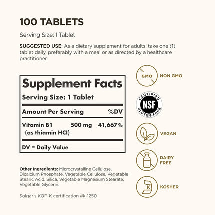 Solgar - Vitamin B1 (Thiamin) 500 mg Tablets 100 Count