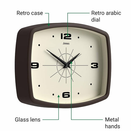 JONES CLOCKS® Movie wall clock | Rectangular retro clock | 25cm | Mocha brown | Cool mid-century designer look for kitchen, living room or office